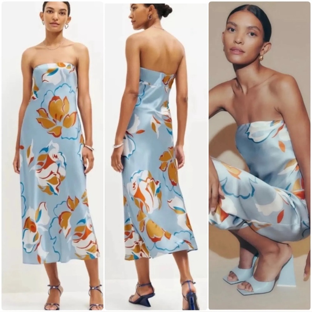 Reformation Joana Silk Floral Strapless Blue Dress Hyperion size 2